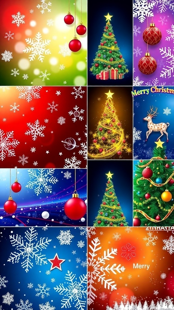 A grid of colorful Christmas wallpapers featuring snowflakes, trees, and ornaments.